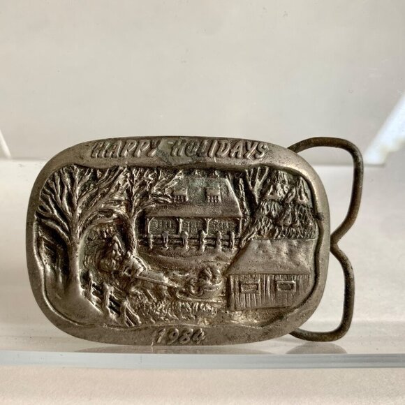 1984 Vintage Horizon Designs Happy Holidays Silver Belt Buckle - Picture 1 of 4